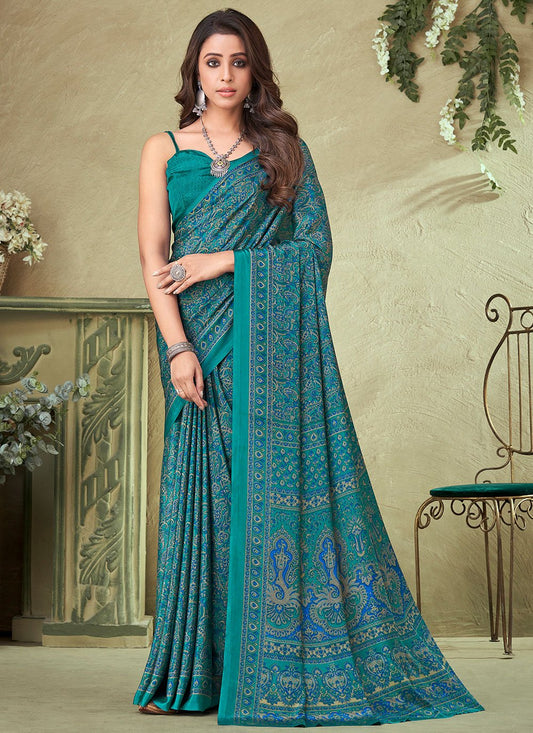 Classic Crepe Silk Turquoise Print Saree