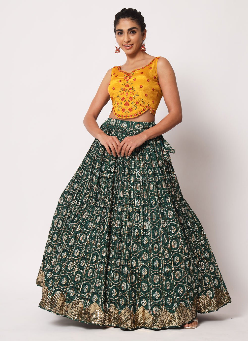 A Line Lehenga Art Silk Crush Green Embroidered Lehenga Choli