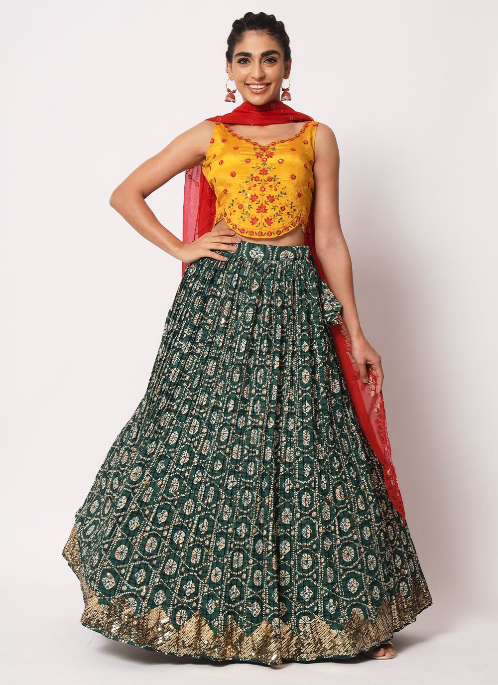 A Line Lehenga Art Silk Crush Green Embroidered Lehenga Choli