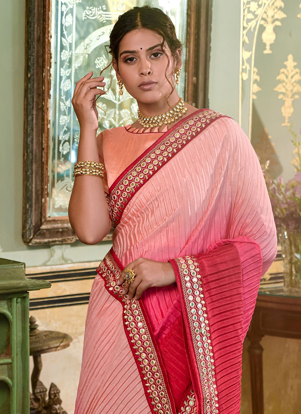 Trendy Saree Chinon Crush Hot Pink Pink Embroidered Saree