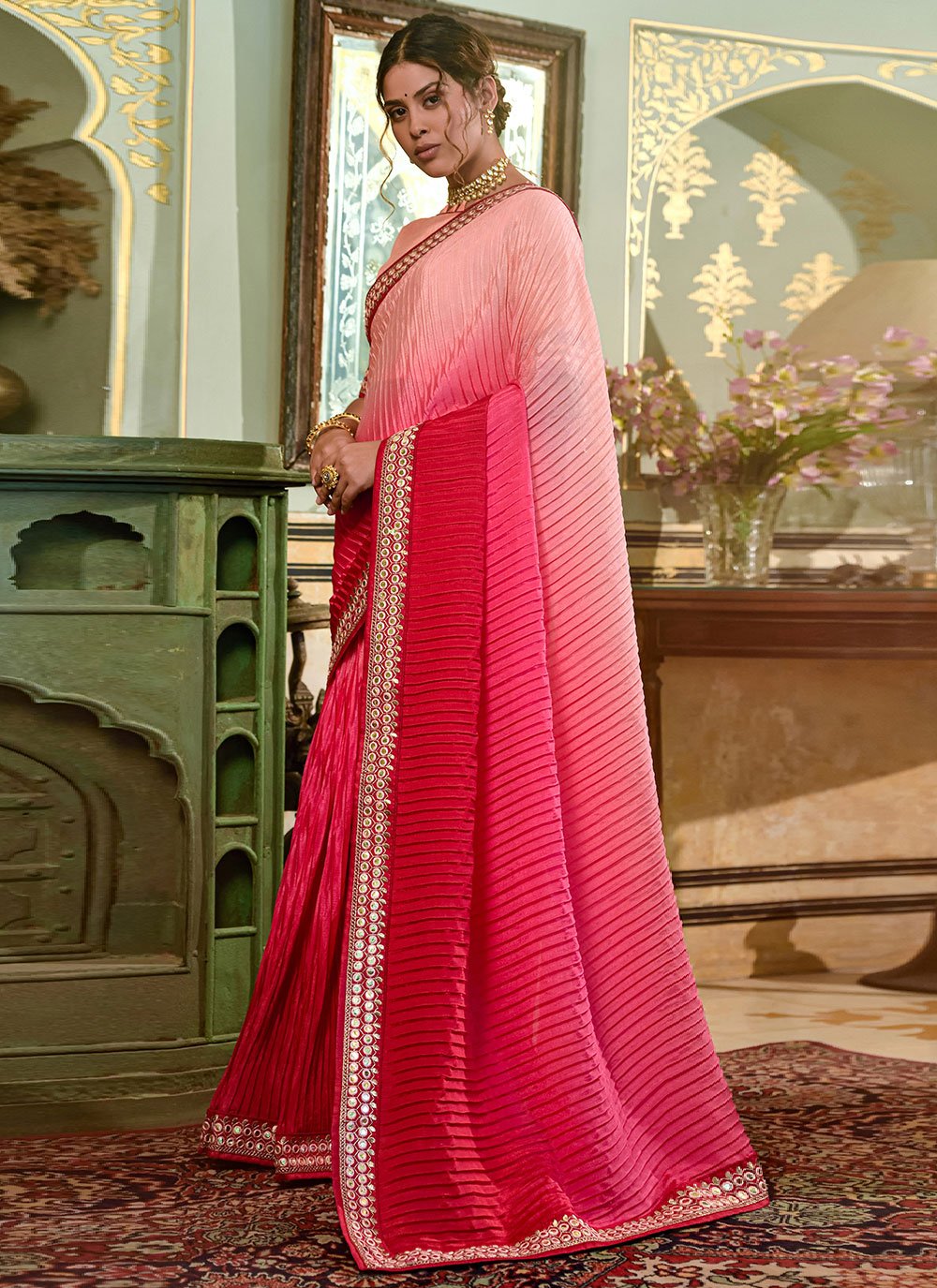 Trendy Saree Chinon Crush Hot Pink Pink Embroidered Saree