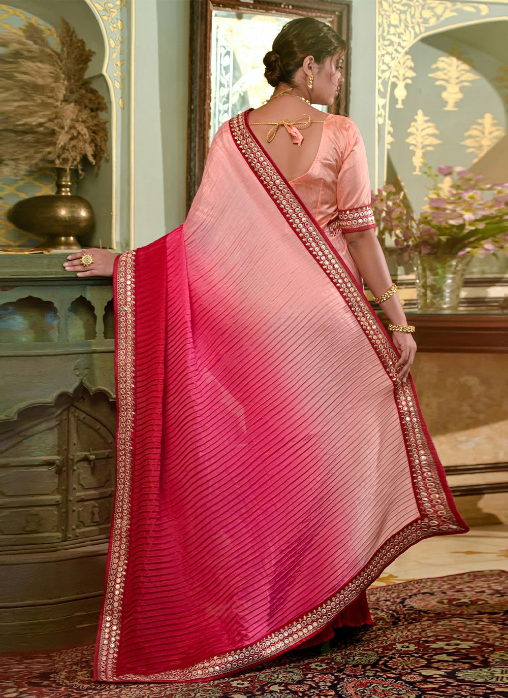 Trendy Saree Chinon Crush Hot Pink Pink Embroidered Saree