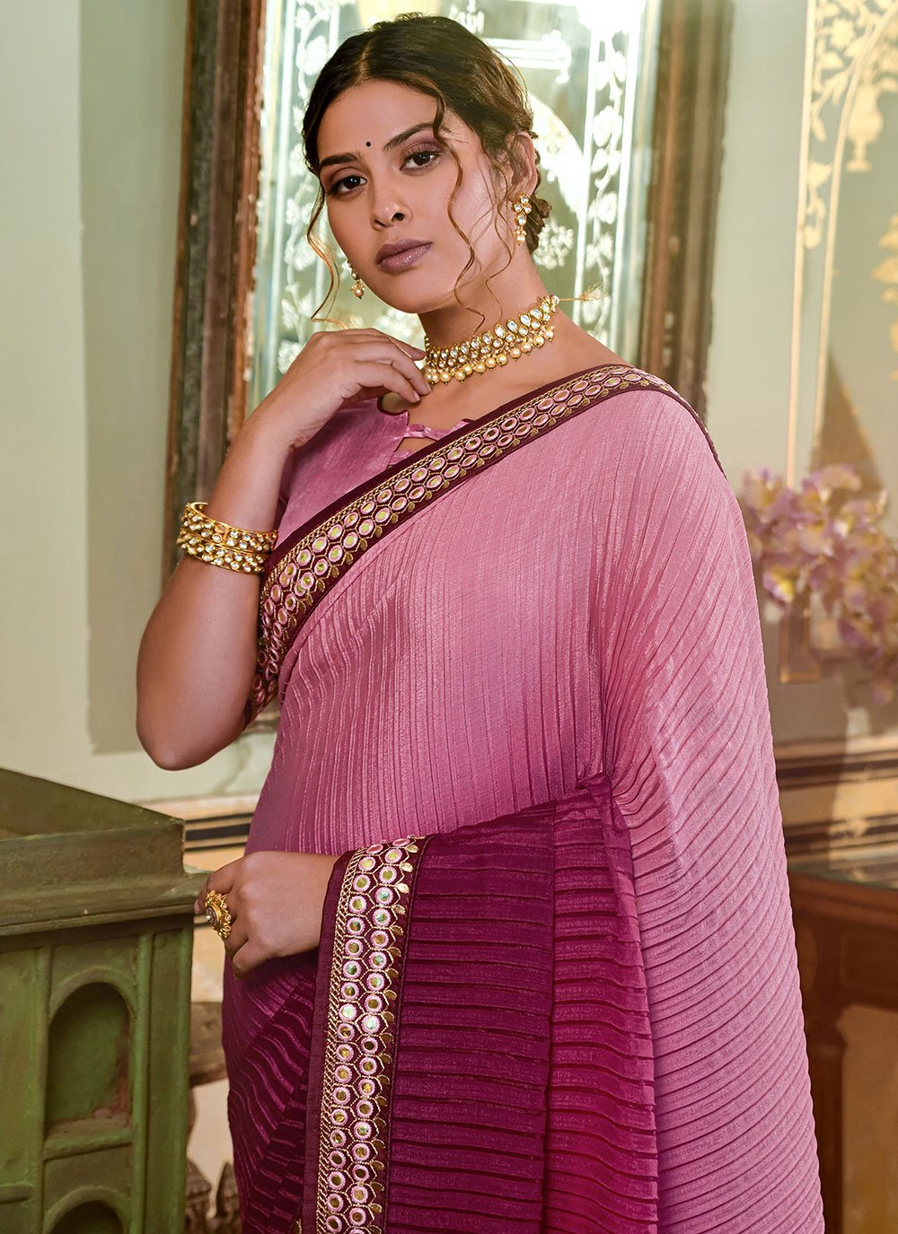 Classic Chinon Crush Pink Purple Embroidered Saree