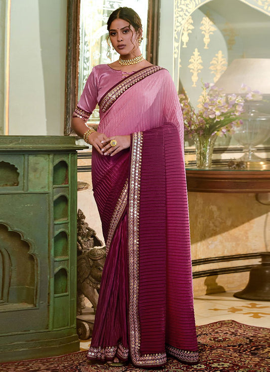 Classic Chinon Crush Pink Purple Embroidered Saree