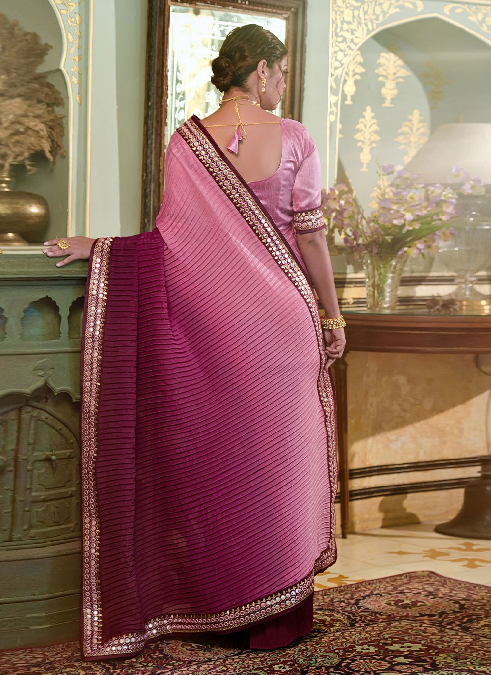 Classic Chinon Crush Pink Purple Embroidered Saree