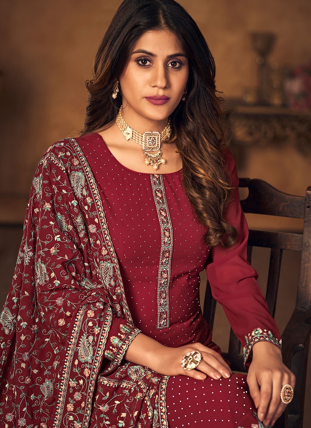 Palazzo Salwar Suit Georgette Maroon Crystals Salwar Kameez