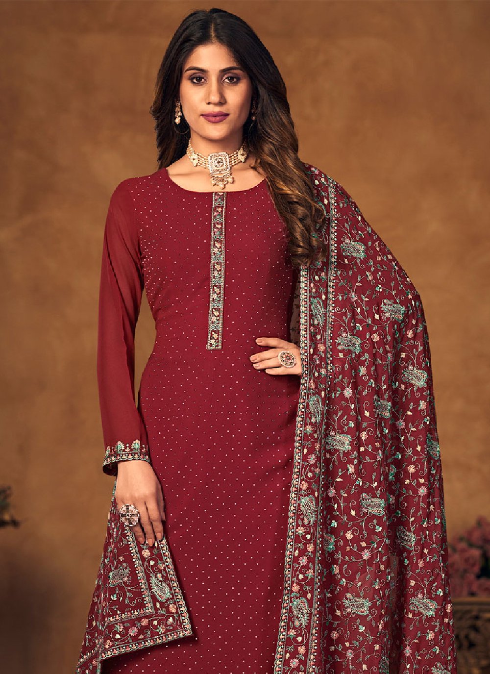 Palazzo Salwar Suit Georgette Maroon Crystals Salwar Kameez