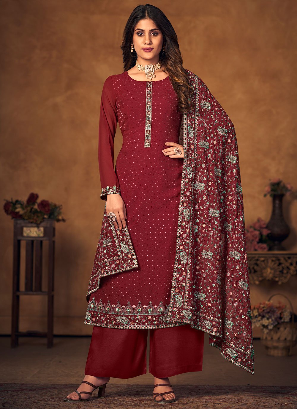 Palazzo Salwar Suit Georgette Maroon Crystals Salwar Kameez