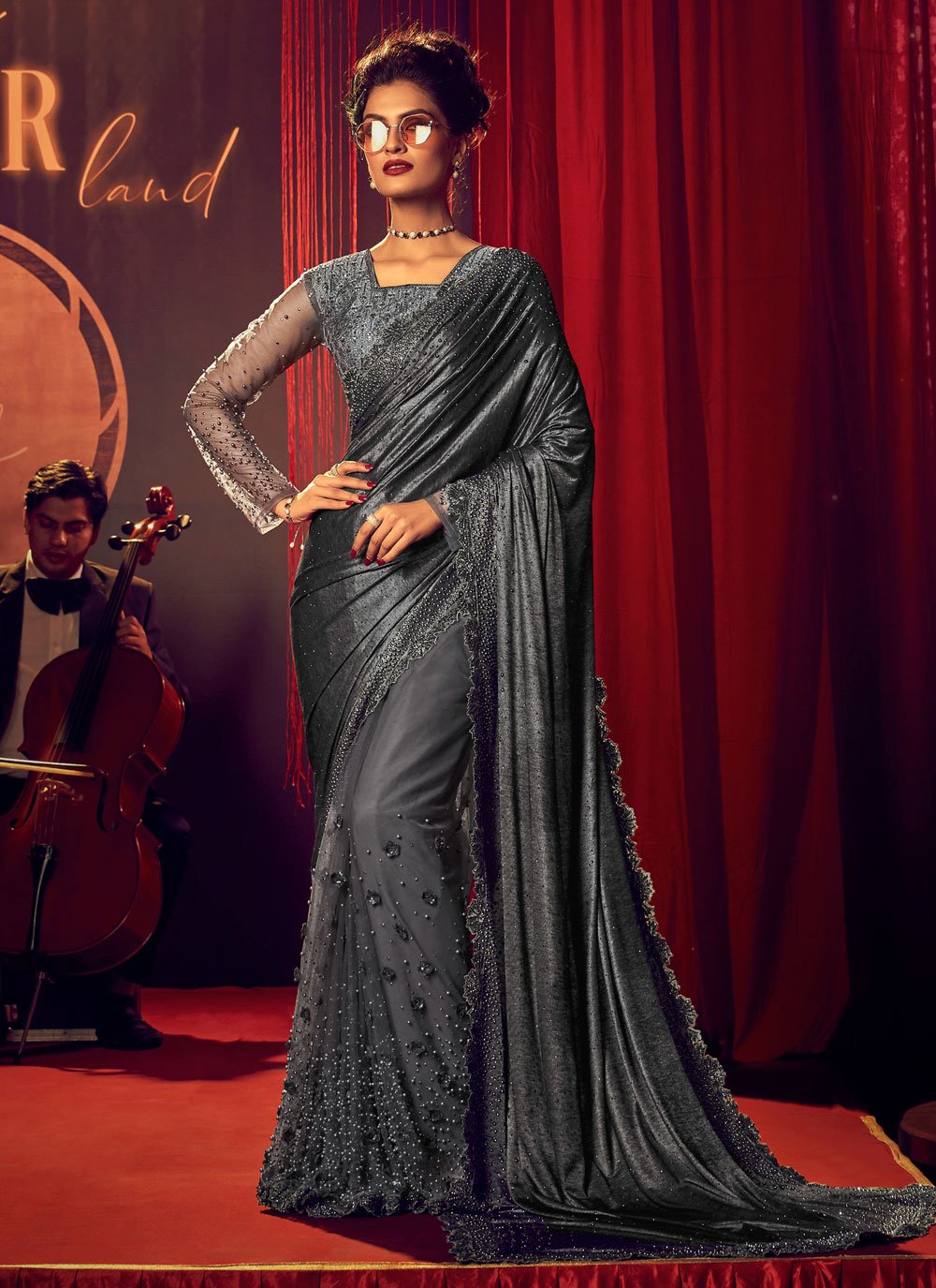 Classic Imported Net Grey Crystals Saree