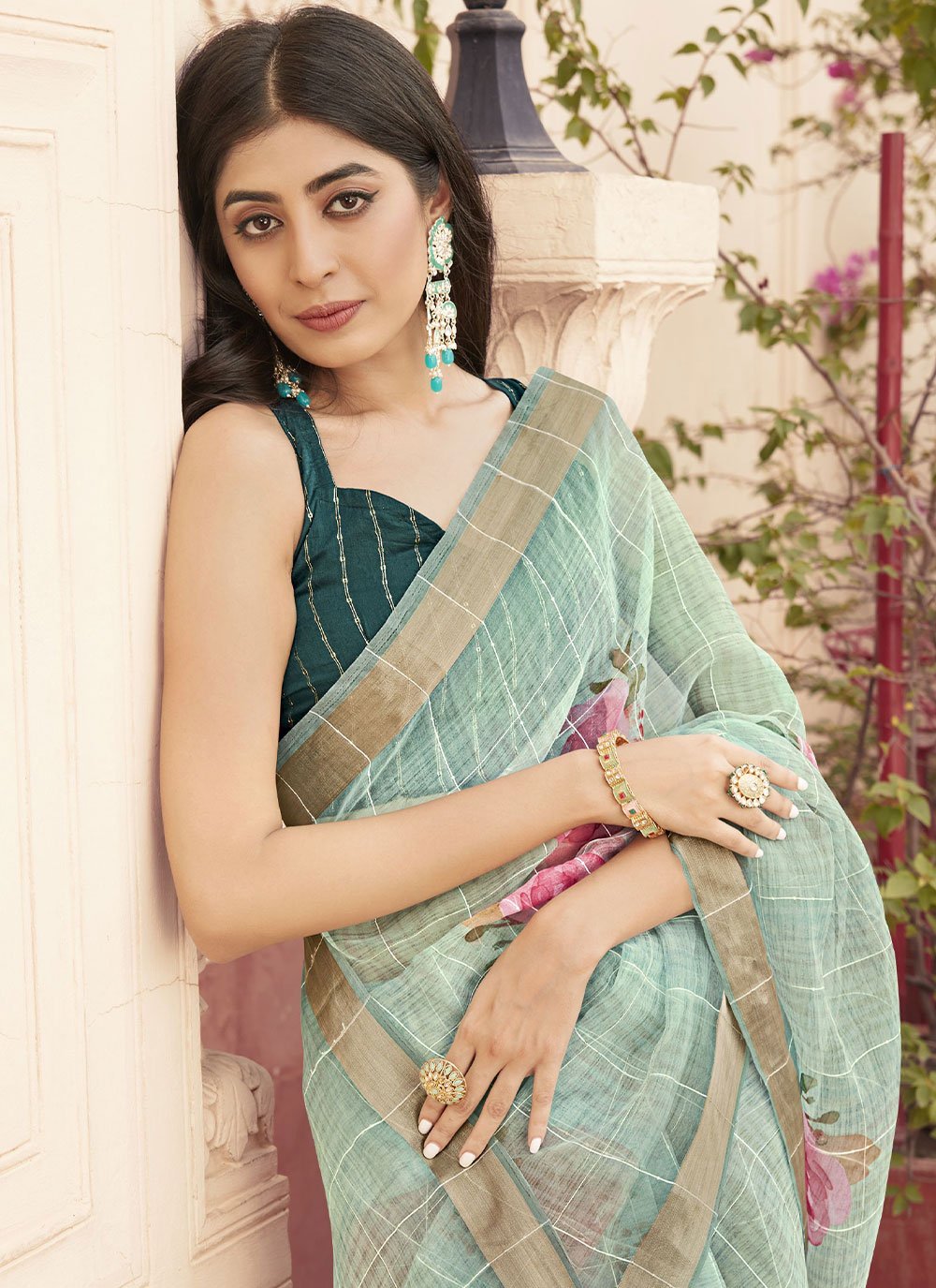 Classic Designer Organza Aqua Blue Print Saree