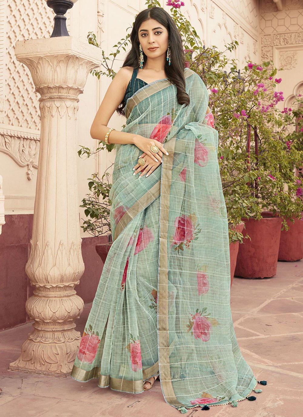 Classic Designer Organza Aqua Blue Print Saree