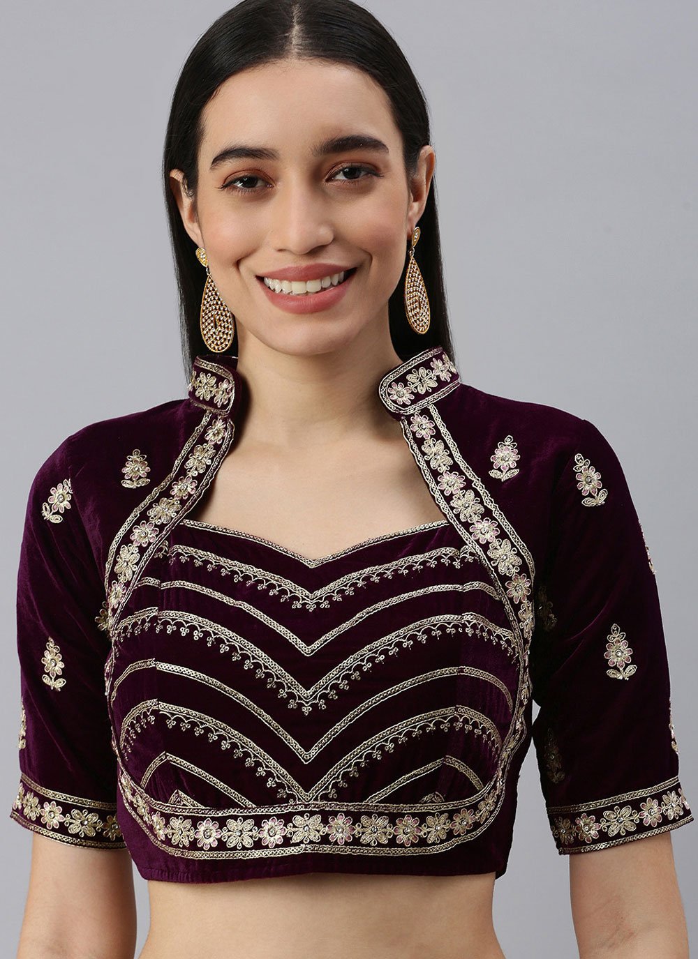 Designer Blouse Velvet Wine Embroidered Blouse