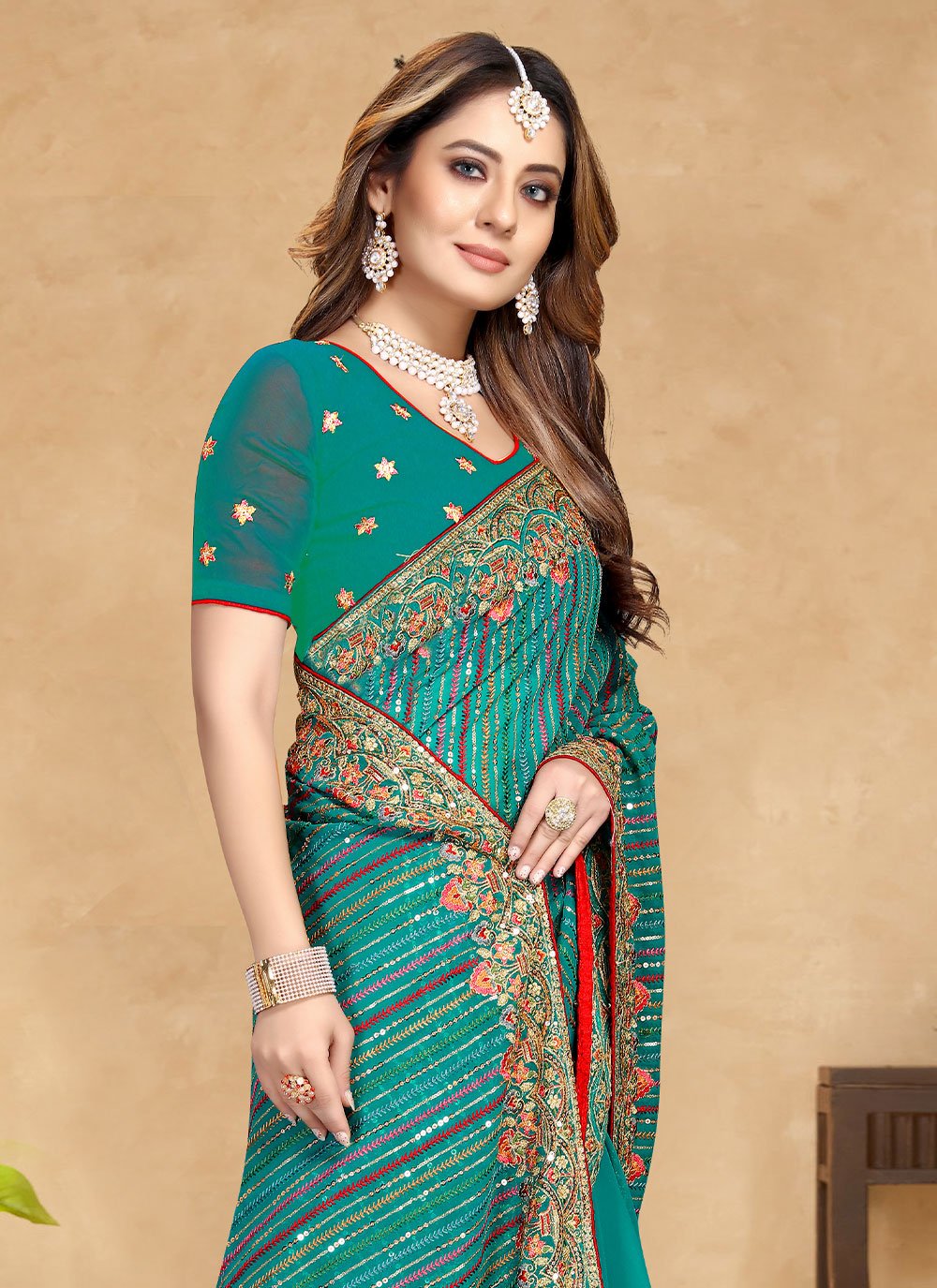 Bollywood Saree Georgette Rama Embroidered Saree