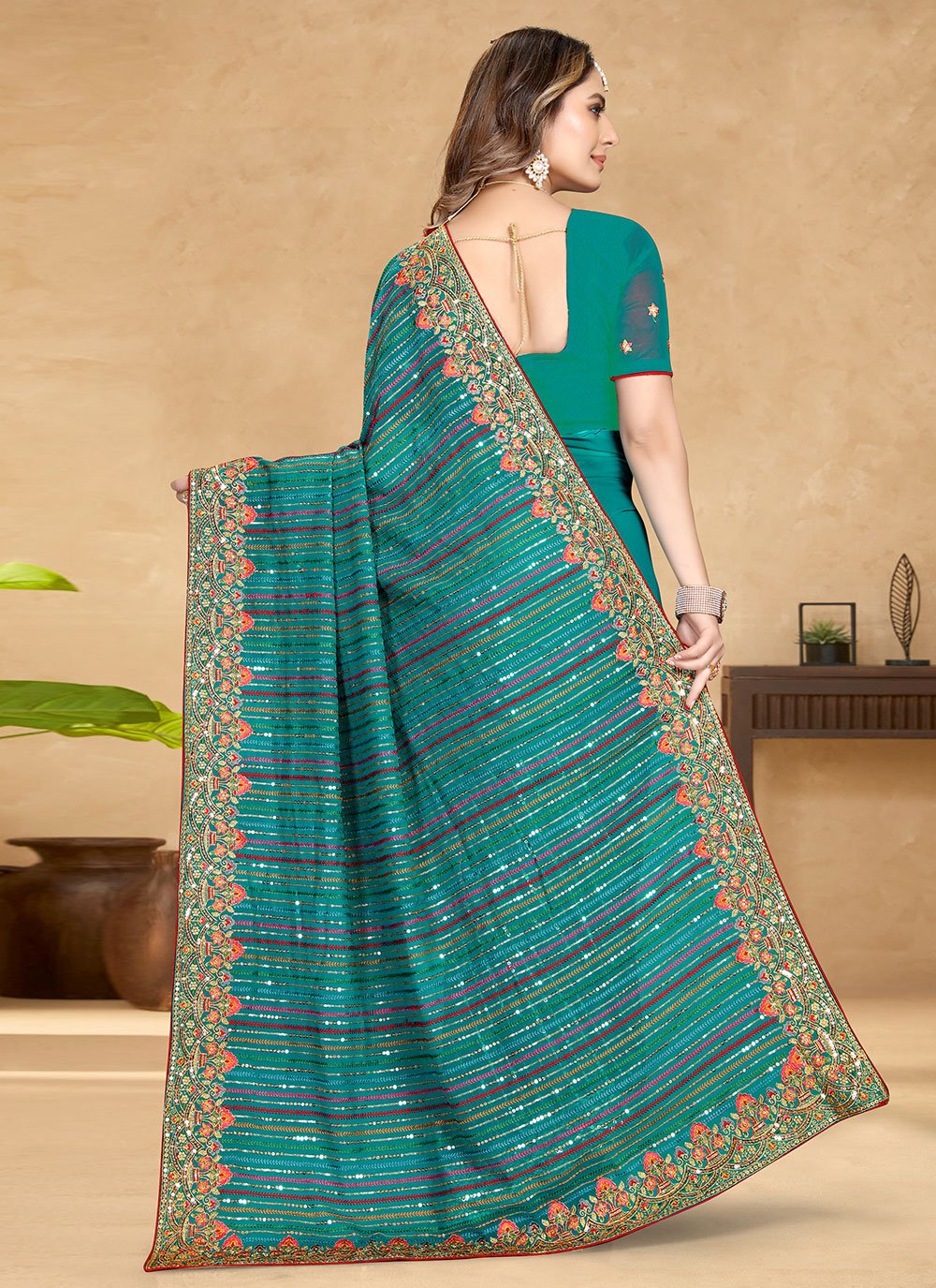 Bollywood Saree Georgette Rama Embroidered Saree