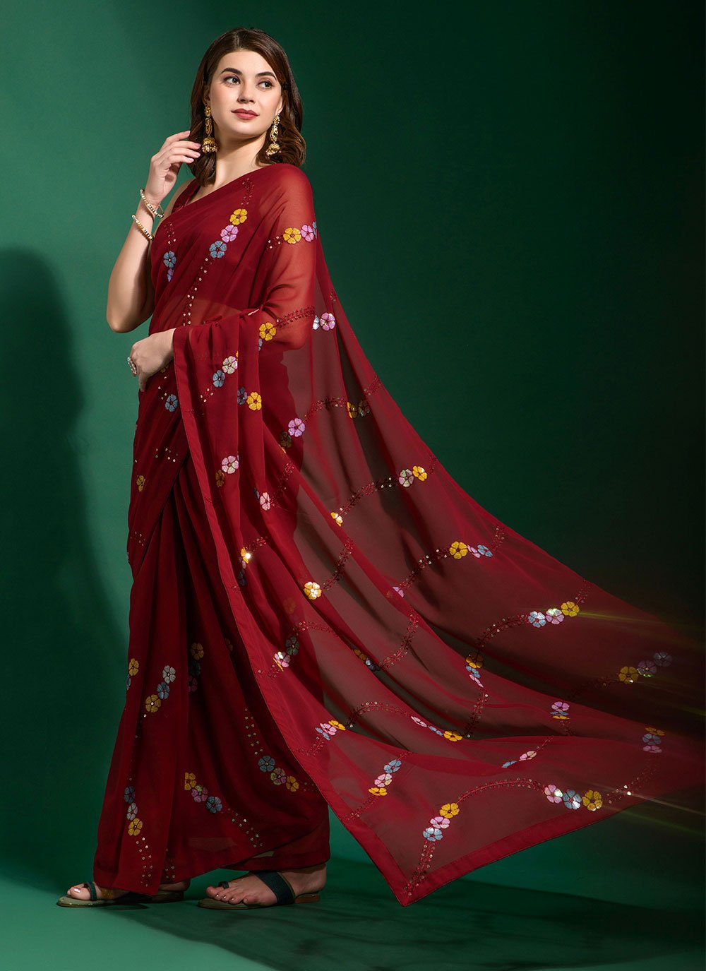 Designer Georgette Red Embroidered Saree