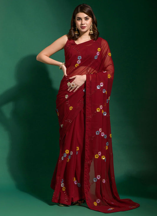 Designer Georgette Red Embroidered Saree