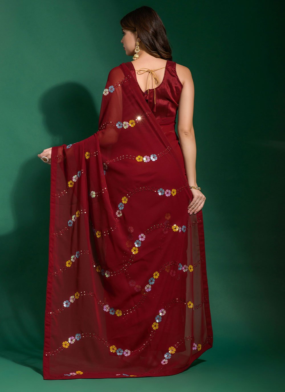 Designer Georgette Red Embroidered Saree