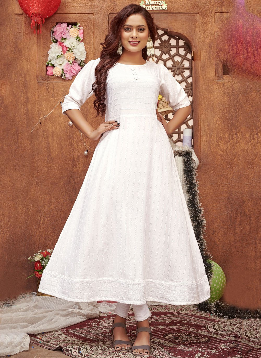 Designer Gown Rayon White Chikankari Work Gown