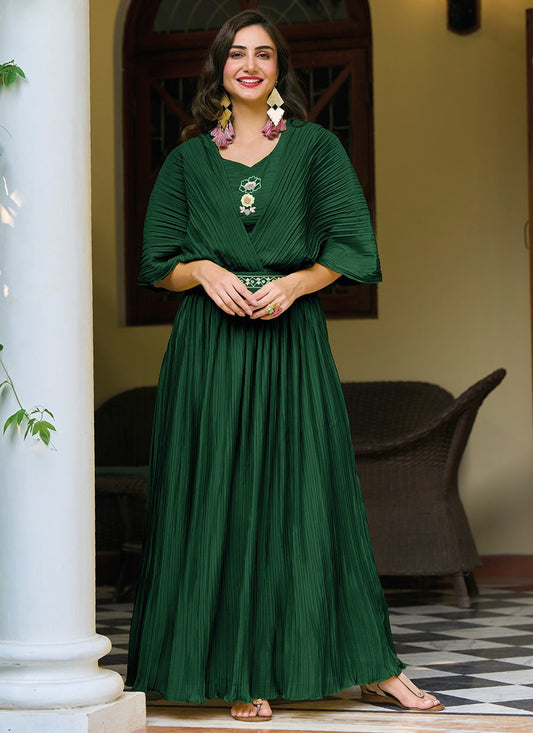 Designer Gown Chinon Green Plain Gown