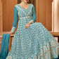 Designer Gown Georgette Aqua Blue Embroidered Gown