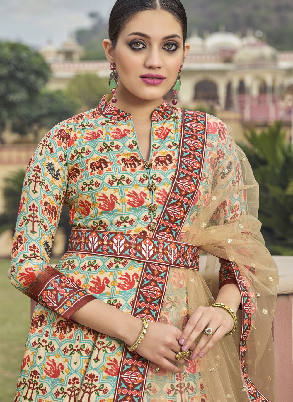 Designer Gown Silk Multi Colour Patola Print Gown