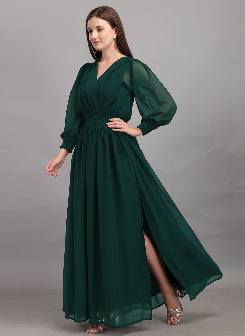 Designer Gown Georgette Green Plain Gown