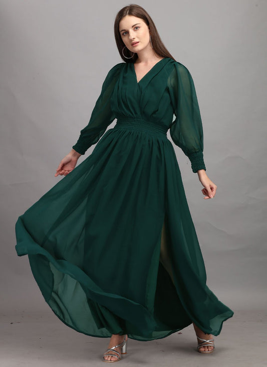 Designer Gown Georgette Green Plain Gown
