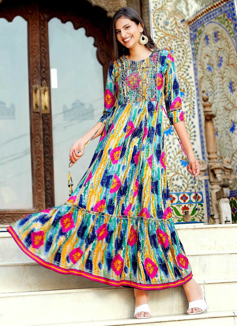 Designer Gown Rayon Multi Colour Embroidered Gown