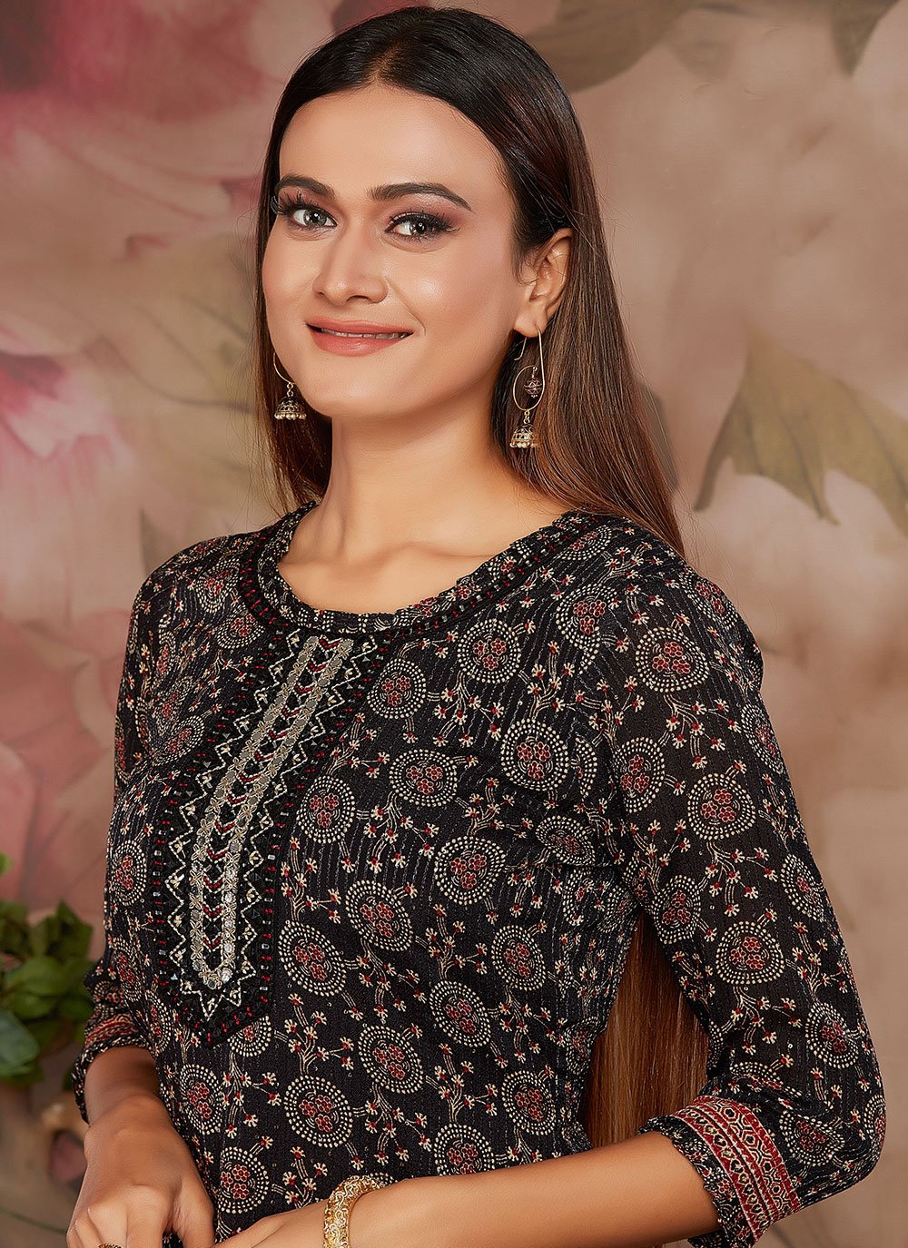 Designer Kurti Chinon Black Digital Print Kurtis