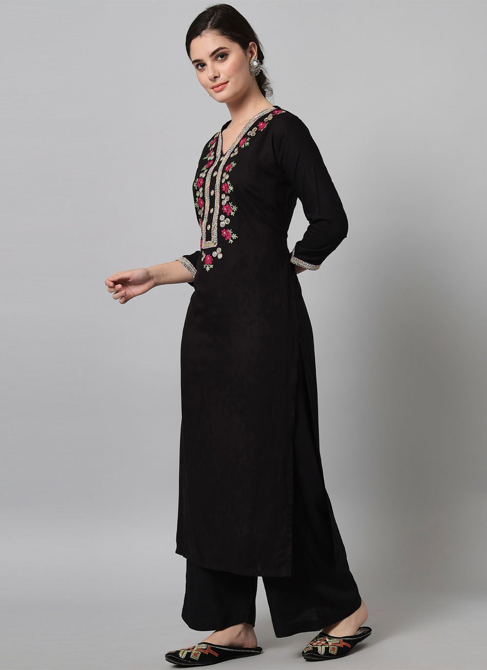 Designer Kurti Rayon Viscose Black Embroidered Kurtis