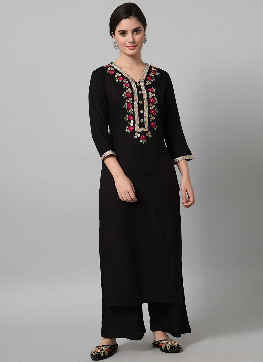 Designer Kurti Rayon Viscose Black Embroidered Kurtis