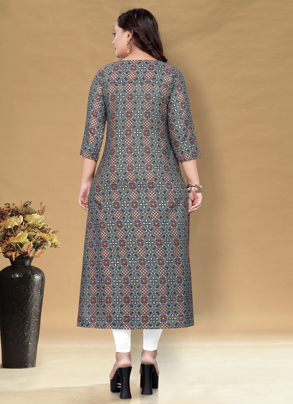 Designer Kurti Cotton Grey Foil Print Kurtis