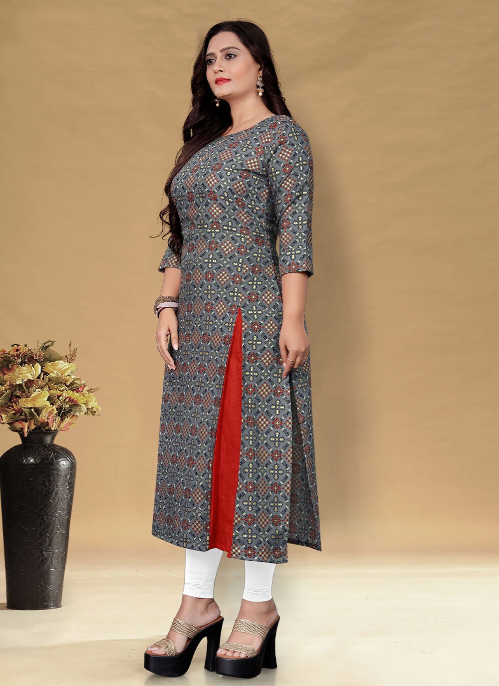 Designer Kurti Cotton Grey Foil Print Kurtis