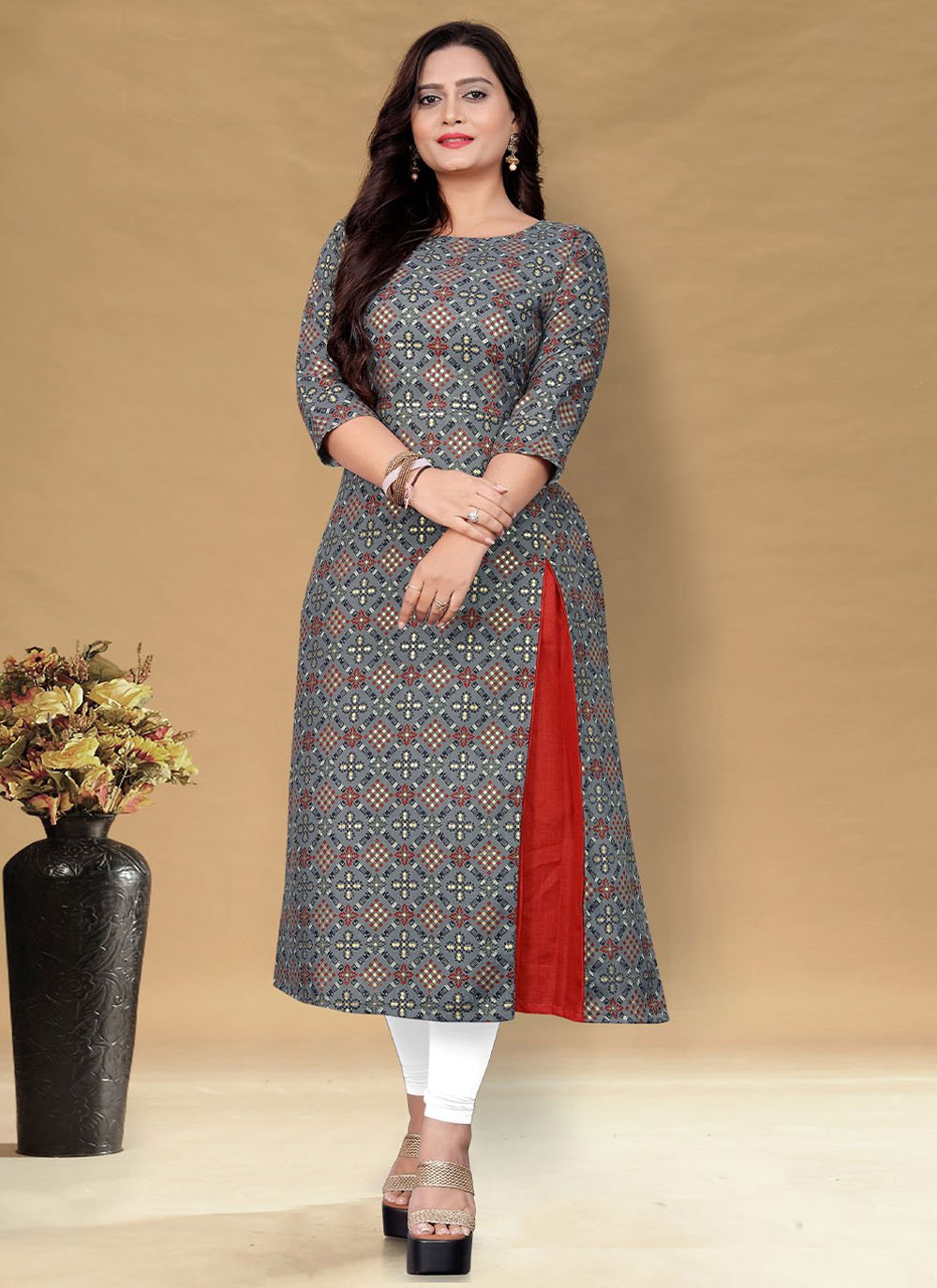 Designer Kurti Cotton Grey Foil Print Kurtis