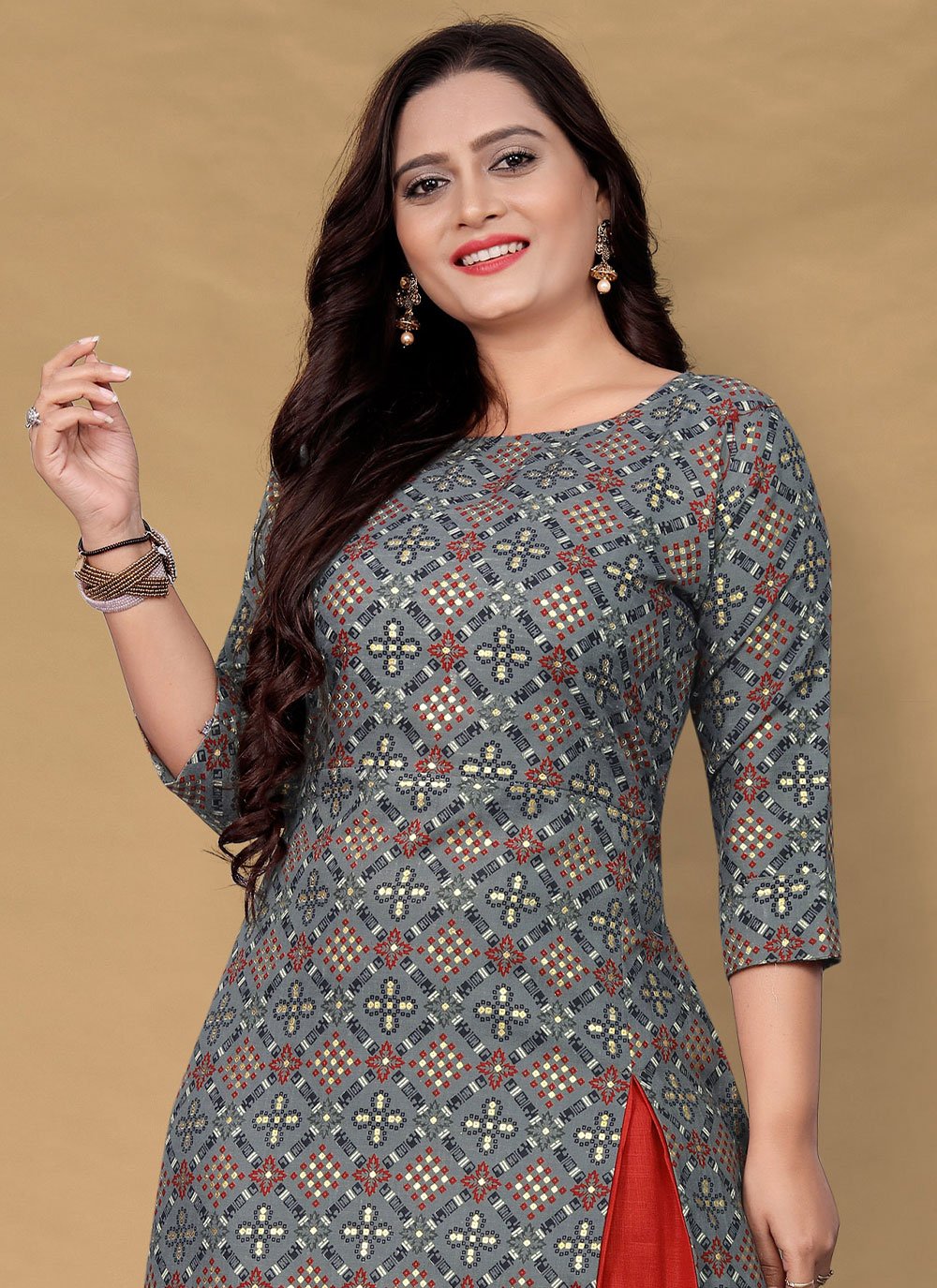 Designer Kurti Cotton Grey Foil Print Kurtis