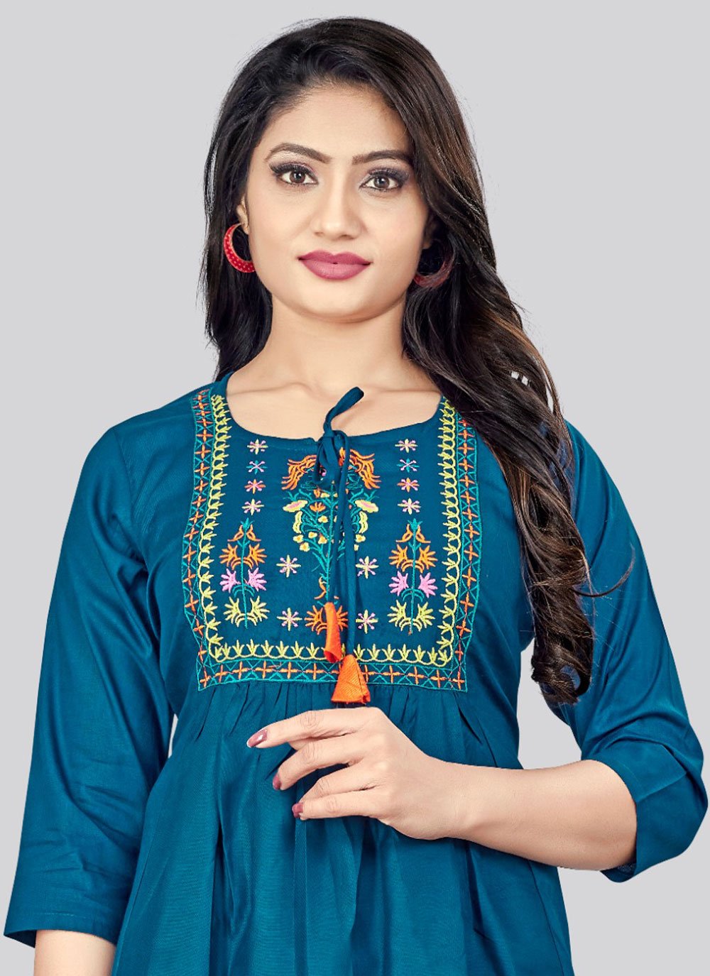 Designer Kurti Rayon Blue Embroidered Kurtis