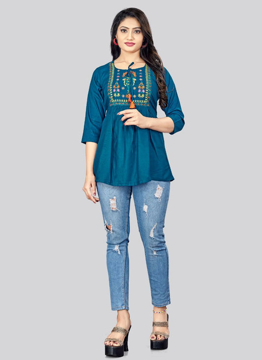 Designer Kurti Rayon Blue Embroidered Kurtis