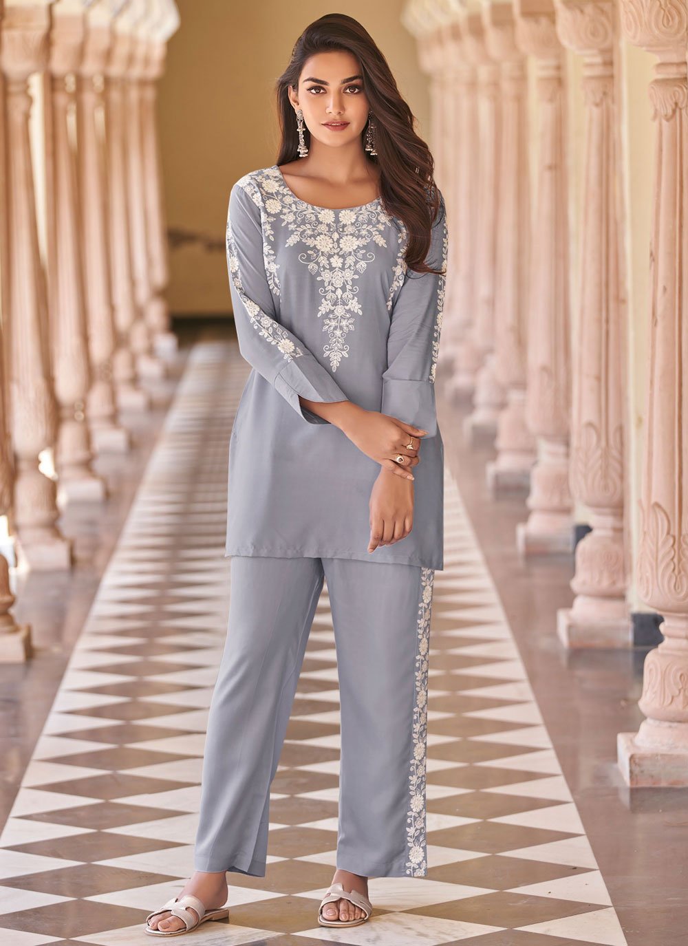 Designer Kurti Rayon Grey Embroidered Kurtis