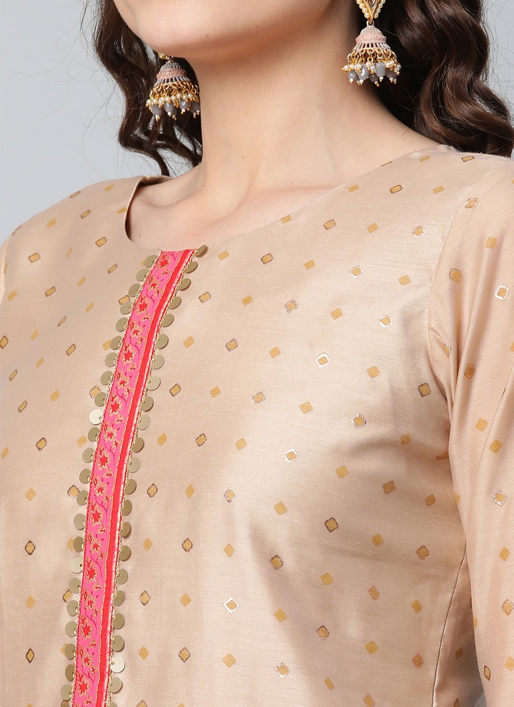 Designer Kurti Chanderi Beige Foil Print Kurtis