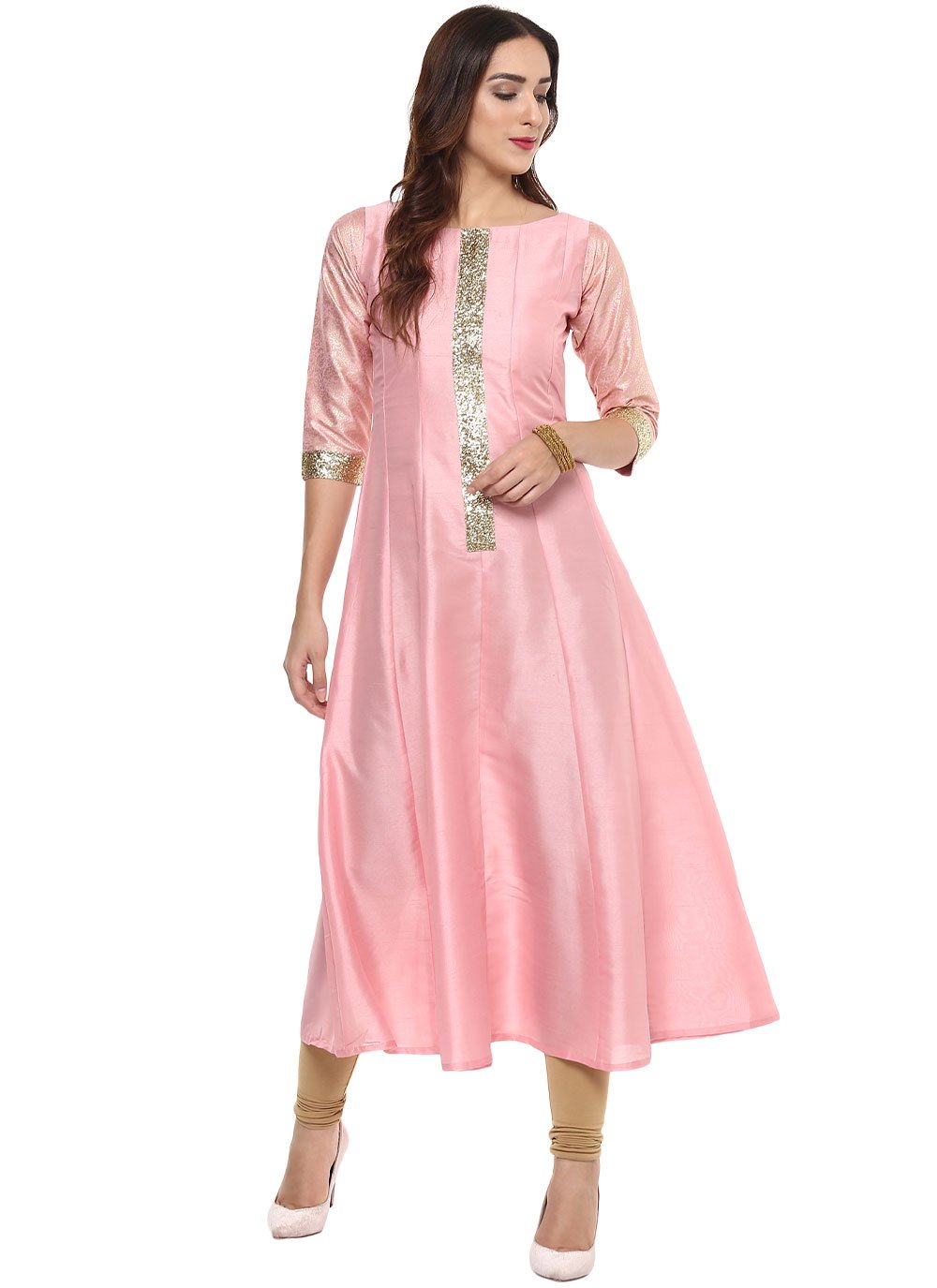 Designer Kurti Poly Silk Pink Plain Kurtis