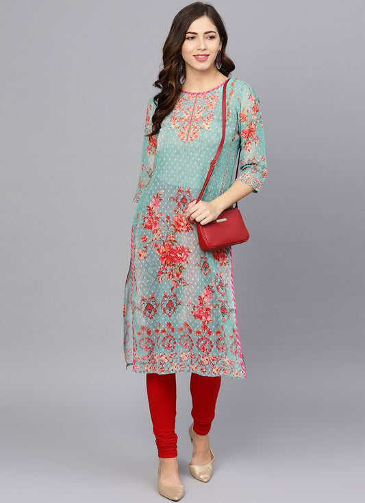 Designer Kurti Georgette Aqua Blue Digital Print Kurtis