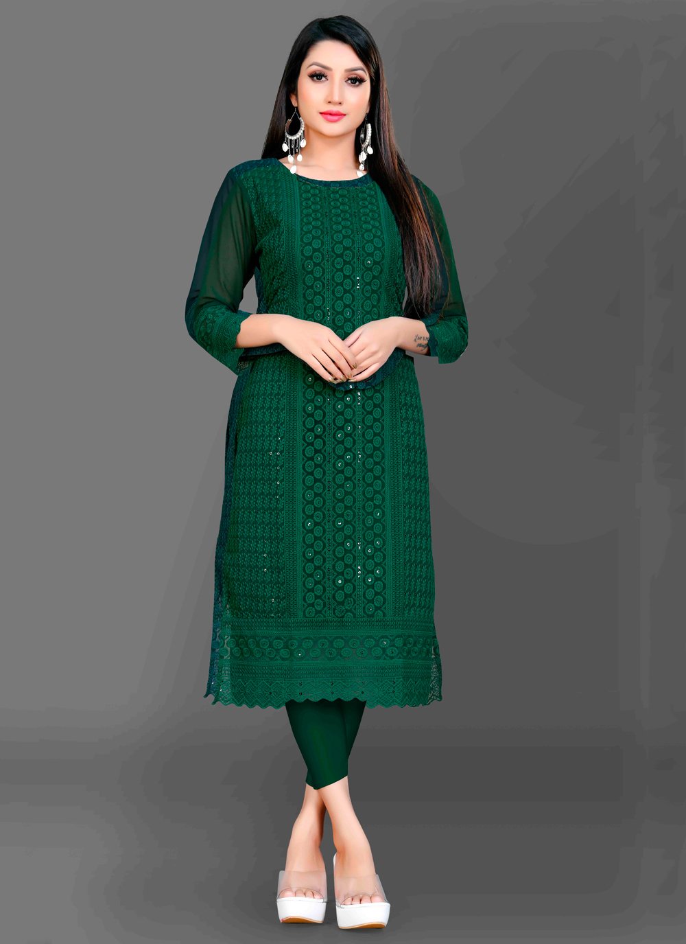 Designer Kurti Chiffon Georgette Green Embroidered Kurtis