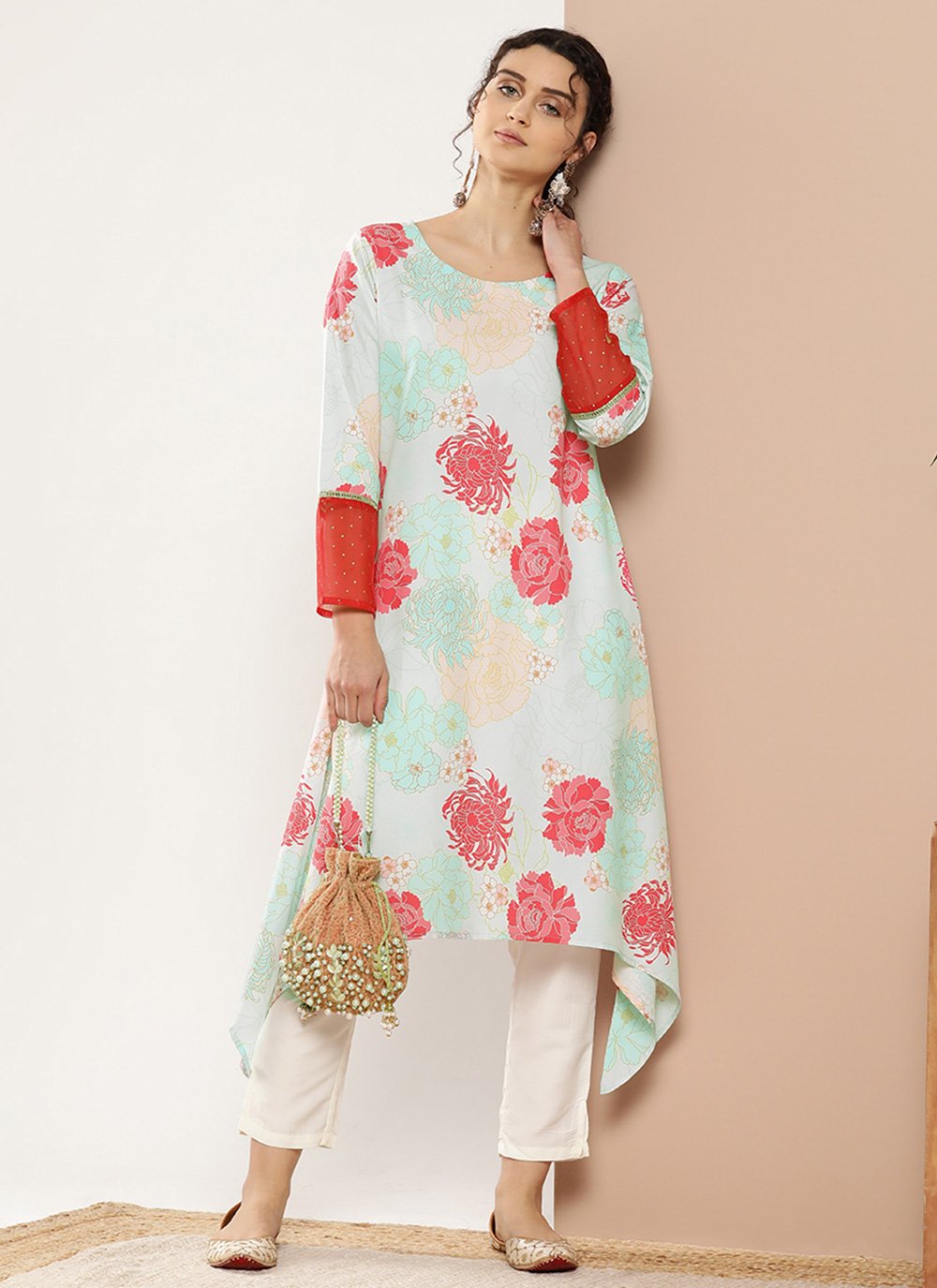 Designer Kurti Crepe Silk Multi Colour Floral Patch Kurtis