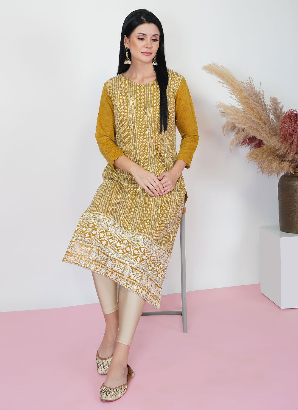 Designer Kurti Viscose Mustard Embroidered Kurtis