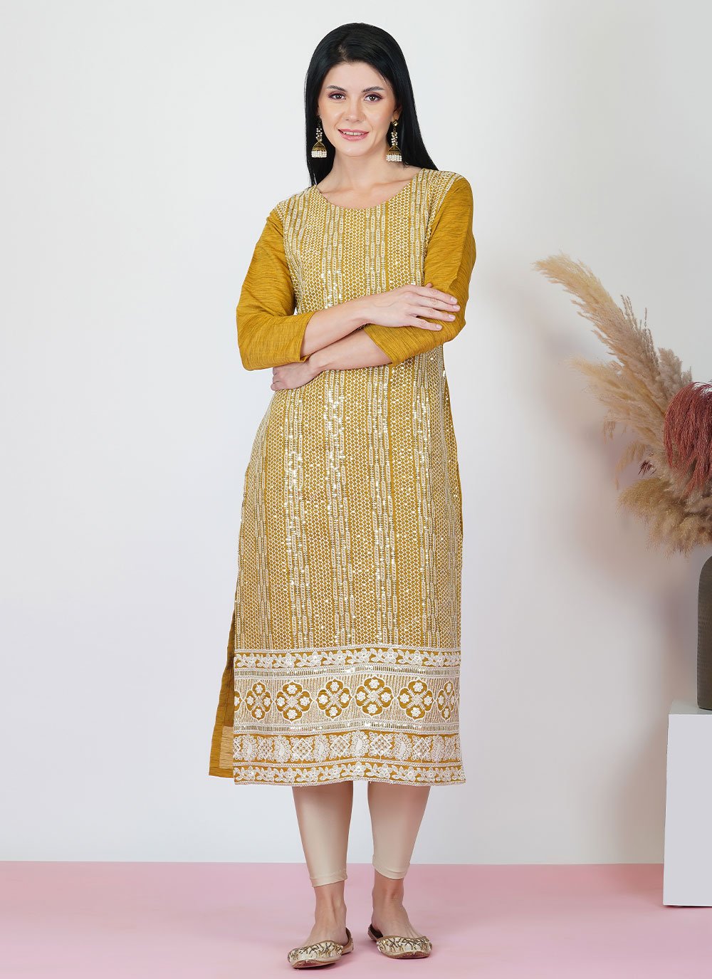 Designer Kurti Viscose Mustard Embroidered Kurtis