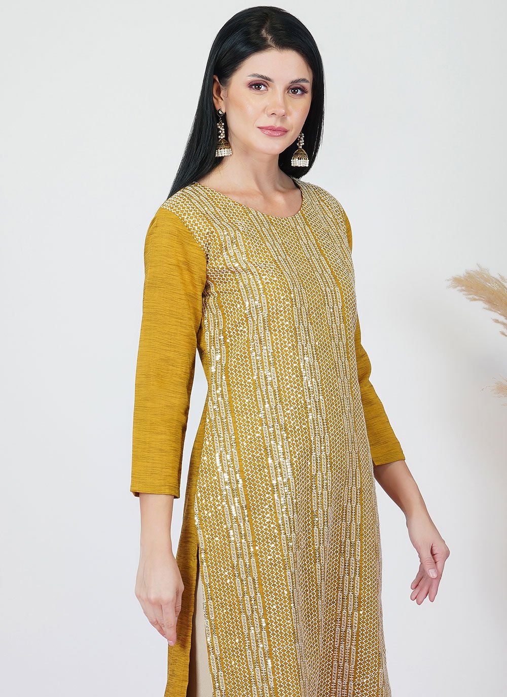 Designer Kurti Viscose Mustard Embroidered Kurtis