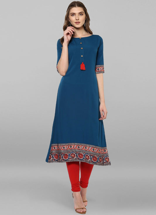 Designer Kurti Faux Crepe Teal Print Kurtis