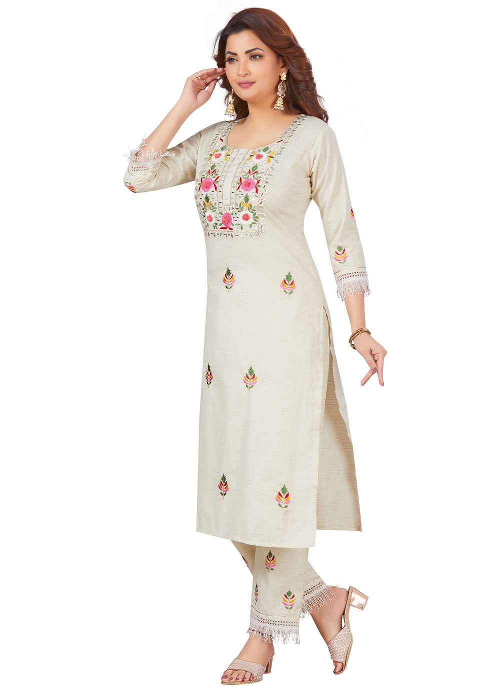 Designer Kurti Cotton Khadi Off White Embroidered Kurtis