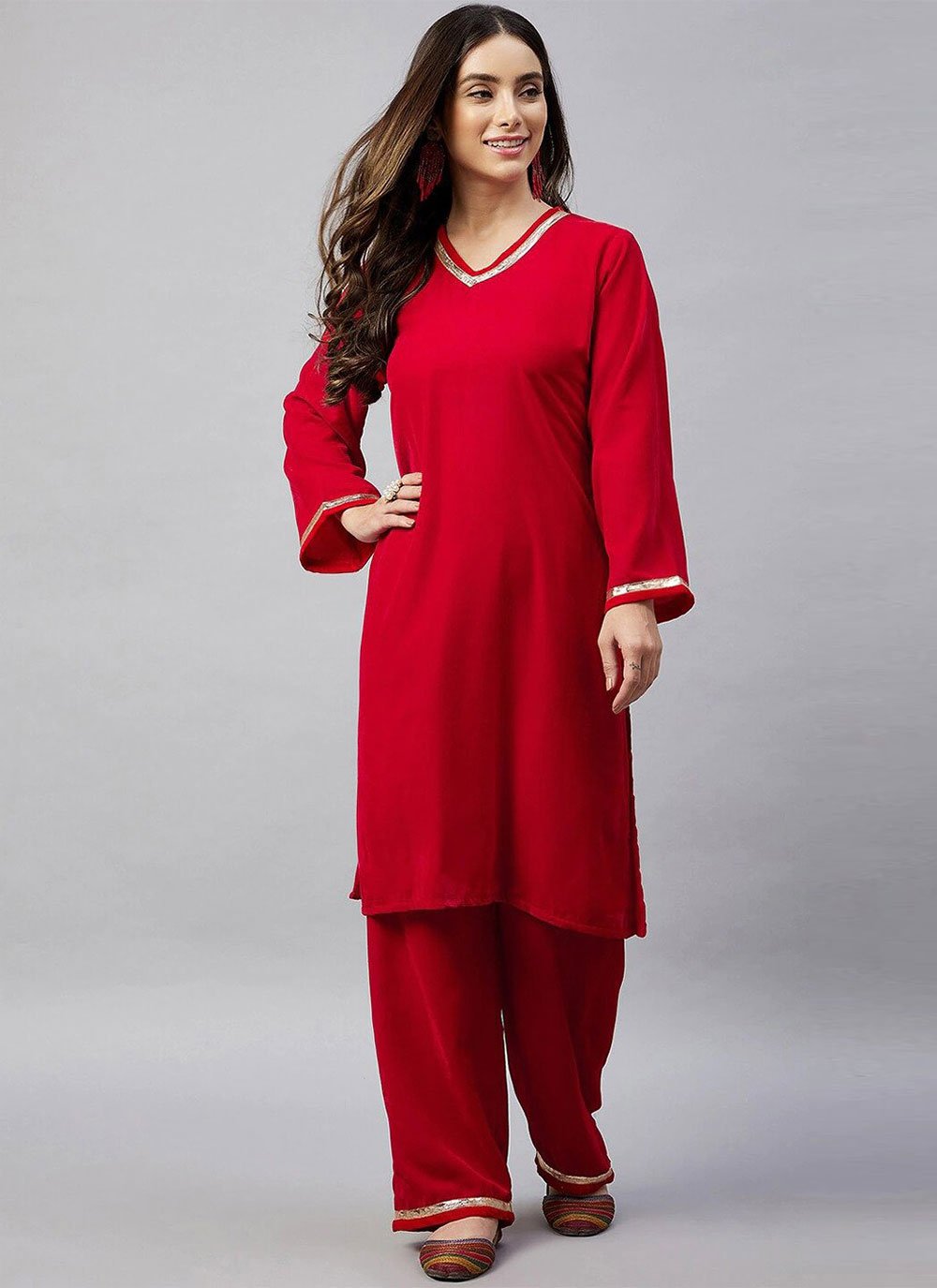 Designer Kurti Velvet Red Plain Kurtis