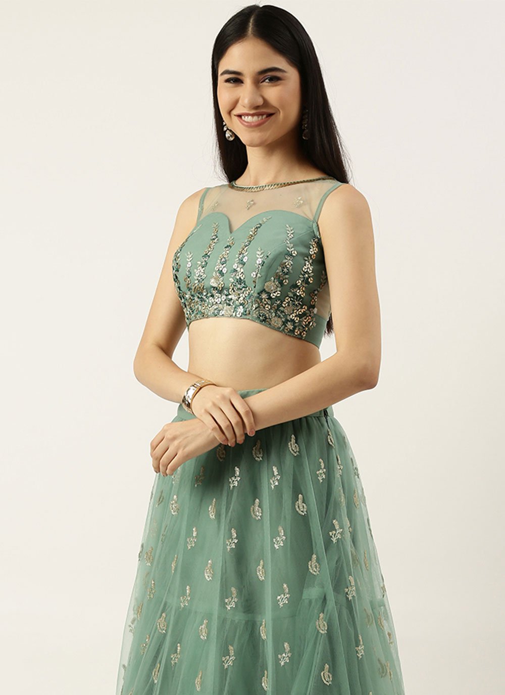 Lehenga Choli Net Sea Green Embroidered Lehenga Choli